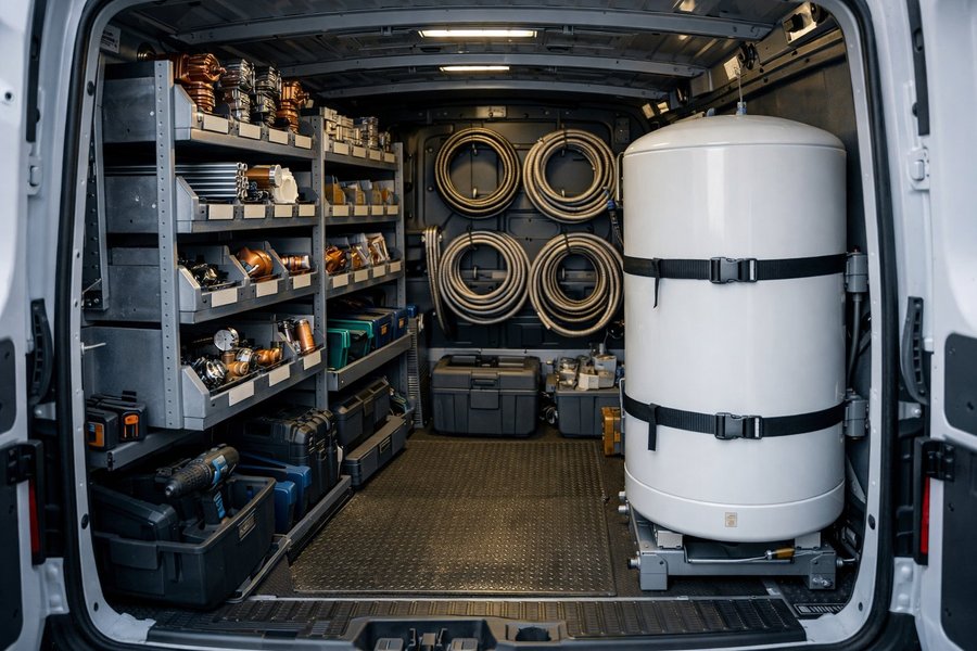 Furgoneta de TermosReus con stock de termos y herramientas lista para una instalación en Reus