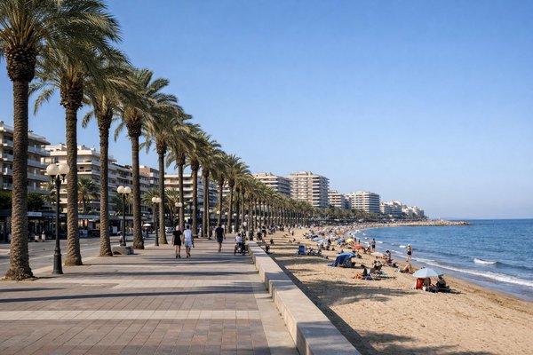Paseo marítimo de Salou con palmeras, zona de cobertura de TermosReus para instalaciones de termo en apartamentos turísticos