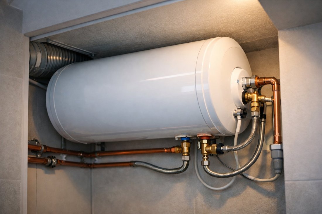 Termo eléctrico horizontal recién instalado con conexiones de cobre y latiguillos a la vista en una vivienda de Reus