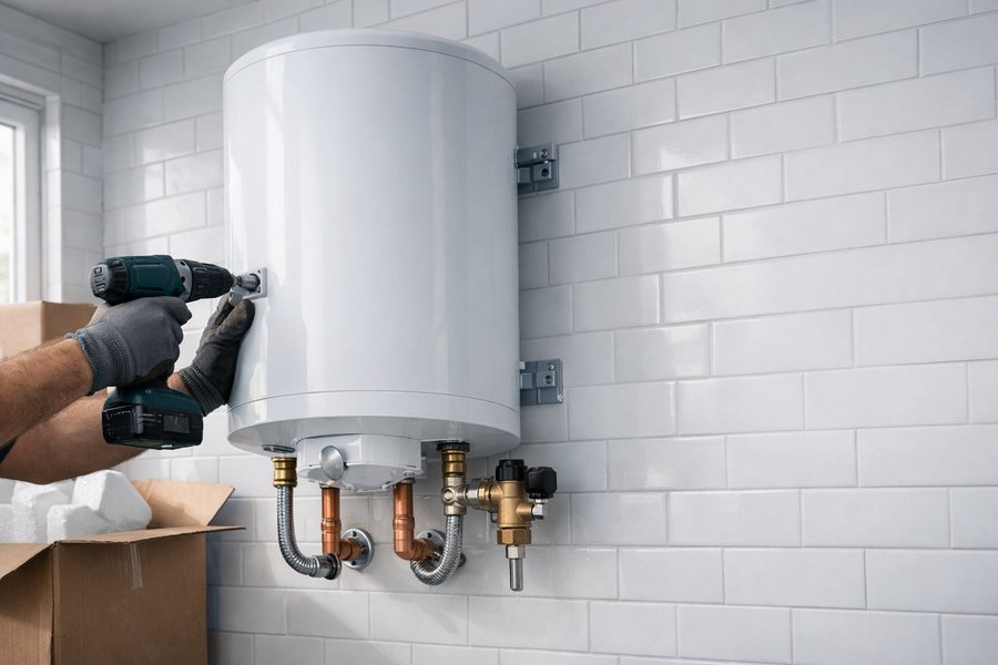 Técnico de TermosReus fijando el soporte mural de un termo eléctrico nuevo en una cocina recién reformada de un piso de Reus