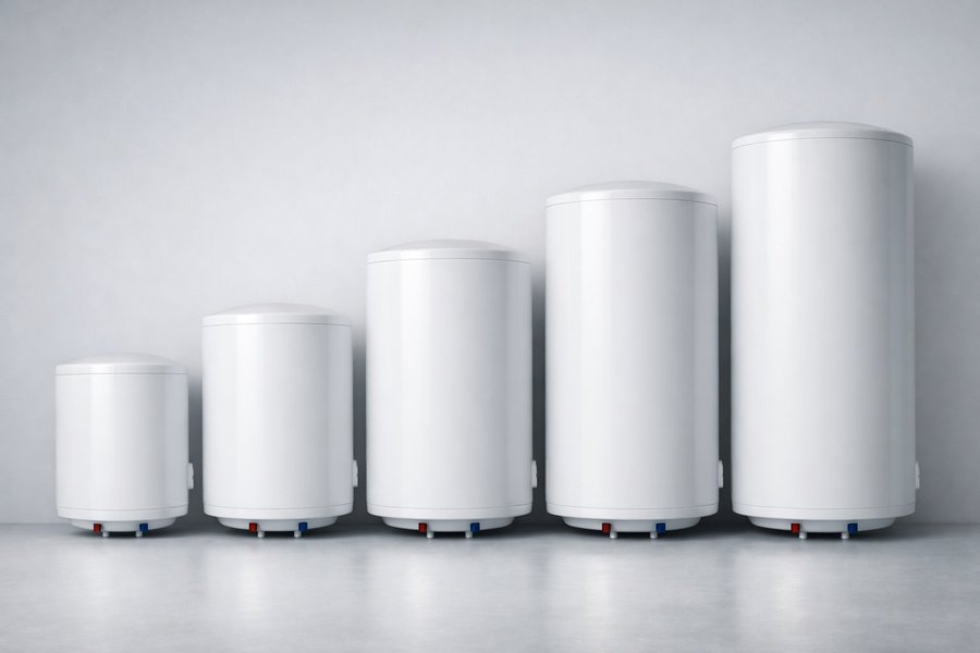 Gama de termos eléctricos de distintas capacidades alineados, modelos típicos que TermosReus instala en viviendas de Reus