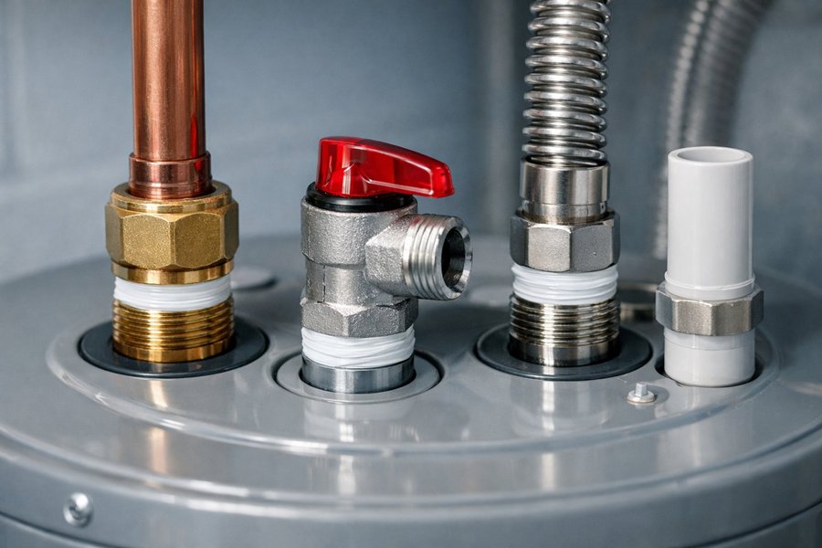Conexiones de cobre, válvula de gas y latiguillos de un termo de gas instalado por TermosReus en Reus