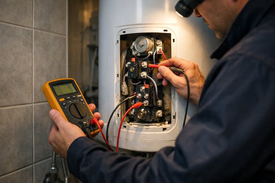 Técnico de TermosReus midiendo continuidad con multímetro en un termo eléctrico abierto en Reus