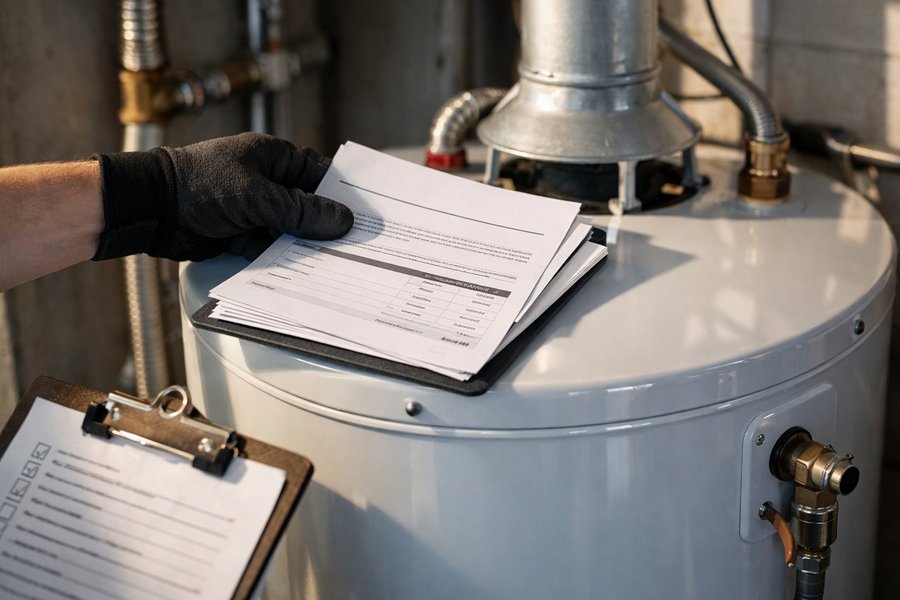 Técnico de TermosReus entregando el boletín RITE y certificados sobre un termo de gas en el Baix Camp
