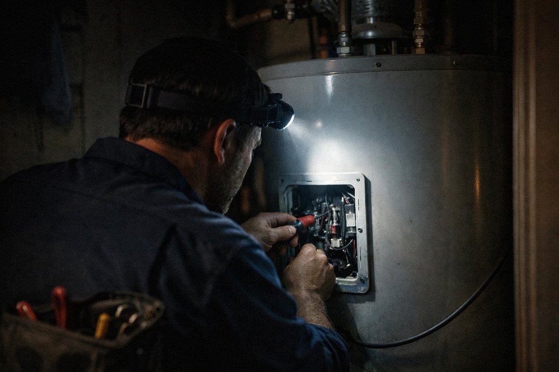 Técnico de TermosReus con linterna abriendo un termo de gas en diagnóstico nocturno en Reus